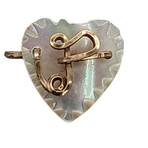 Carved Heart-Shaped Mother Of Pearl Brooch With Gold Plated Initial P Antique